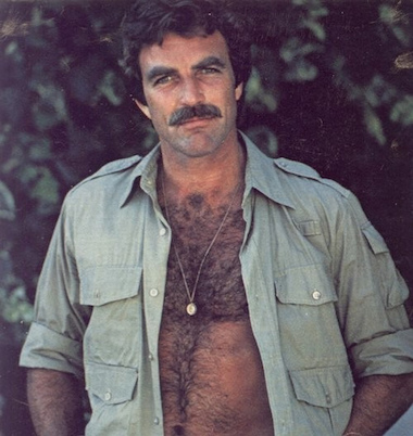 men's medallion necklaces silk shirts hairy chest magnum PI Tom Selleck